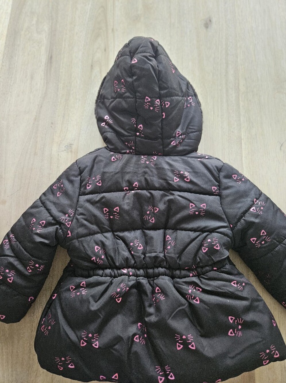 Black Puffy Hooded Coat with Pink Cat Print - Picture 2 of 4